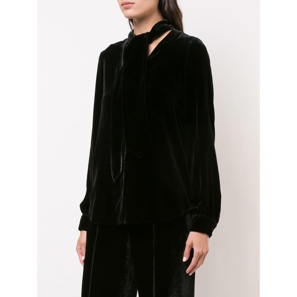 L'AGENCE Tops - L'AGENCE Gisele Black Velvet Tie-Neck Blouse Long Sleeve Button Down Top 1210CCF